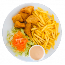 Fischknusperli (6 Stück) mit Pommes und Salat